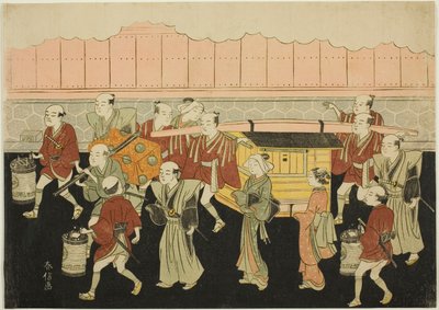 Bruden rir i palanquinen til ektemannens hus (Koshi-iri), det tredje arket i serien quot;Ekteskap i brokadetrykk, den dydige kvinnens vogn (Konrei nishiki misao-guruma)quot; av Suzuki Harunobu
