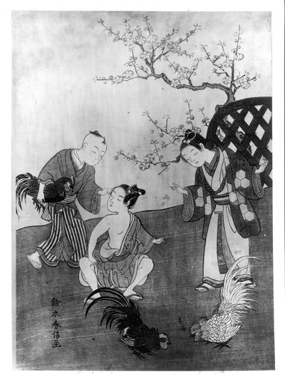 Hanekampen (treblokktrykk) av Suzuki Harunobu