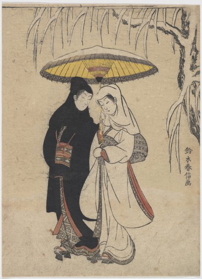 The Oriental Arts : Young Lovers Walking Together under an Paraply in a Snow Storm par Harunobu, Suzuki (1724-1770), ca 1769. Fargetresnitt, 25,7x19,1. Privat samling av Suzuki Harunobu