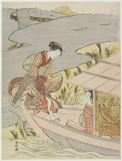 Kvinne som går ombord i en båt, ca. 1767 av Suzuki Harunobu