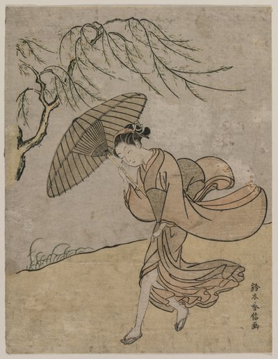 Kvinne som løper forbi et piletre i en bris, 1766 eller 1767. av Suzuki Harunobu
