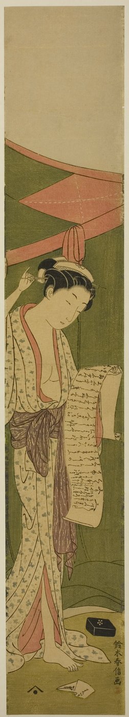 Kvinne som står ved siden av et myggnett og leser et brev av Suzuki Harunobu