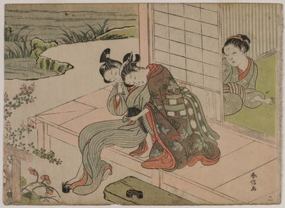Kvinne ser på ungt par omfavne på en veranda av Suzuki Harunobu