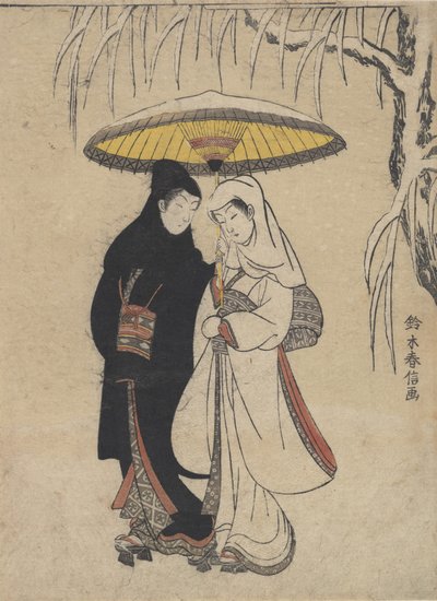 Unge elskere som går sammen under en paraply i en snøstormkråke og hegre, ca. ..., ca. 1769. av Suzuki Harunobu