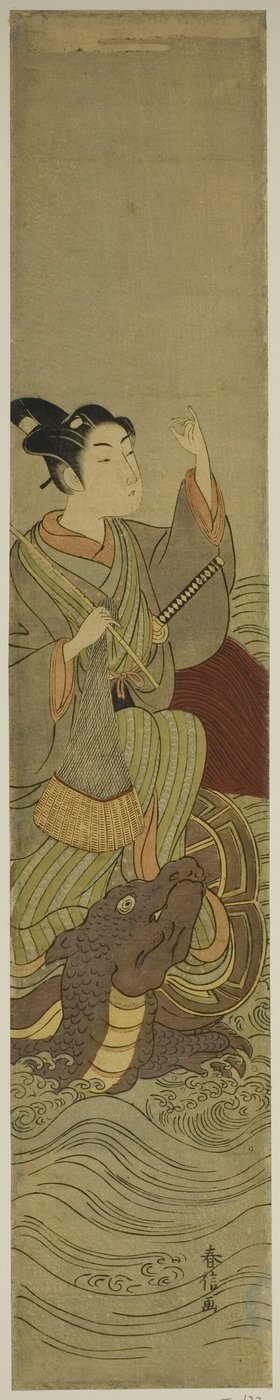 Ung mann som rir på en gigantisk skilpadde (parodi på Urashima Taro) av Suzuki Harunobu