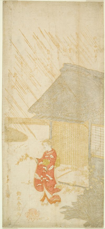 Ung kvinne som holder en Kerria-gren (parodi på Ota Dokan) av Suzuki Harunobu