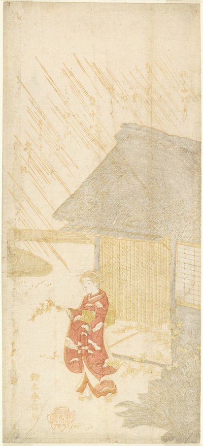 Ung kvinne som holder en Kerria-gren av Suzuki Harunobu