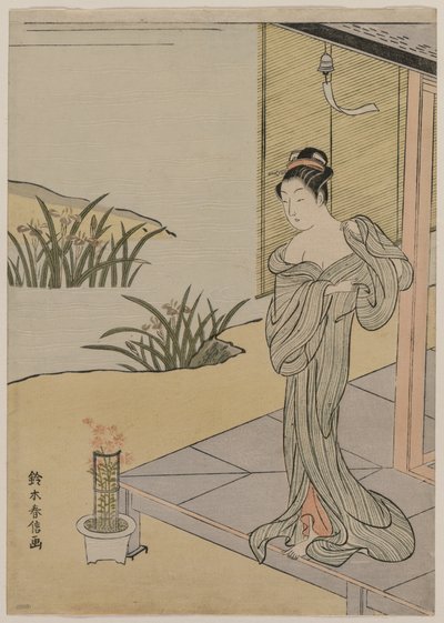 Ung kvinne ser på en gryte med rosa, ca. 1767. av Suzuki Harunobu
