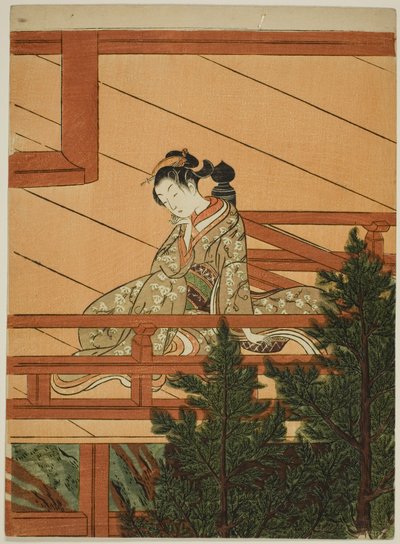 Ung kvinne sitter på balkongen til Kiyomizu-tempelet av Suzuki Harunobu