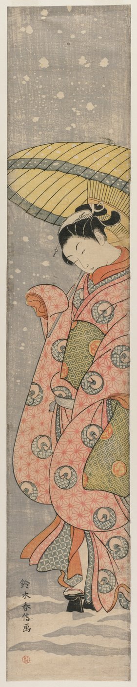 Ung kvinne som står under en paraply i snøen, 1767-1768. av Suzuki Harunobu