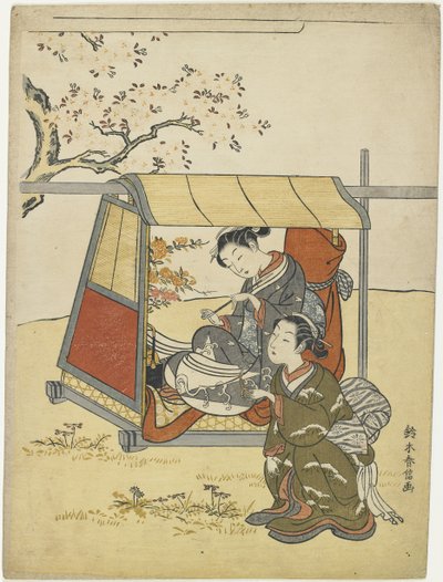 Ung kvinne som ser på kirsebærblomster som en likning av Lady Nakanokimi, ca. 1767 av Suzuki Harunobu