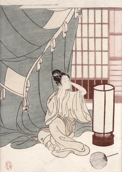 Ung kvinne som kneler ved myggnettingen, 1766 (farget treblokktrykk) av Suzuki Harunobu