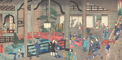 Interiøret i Gankiro Tea House i Yokohama, 1861 april. av Suzuki Hiroshige