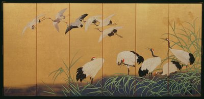 Seksdelt skjerm som viser siv og kraner, Edo-periode, japansk, 1800-tallet (farge på forgylt silke) av Suzuki Kiitsu
