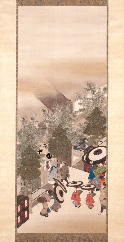 Yoshiwara And Shinagawa (blekk, farge og gull på silke) av Suzuki Kiitsu