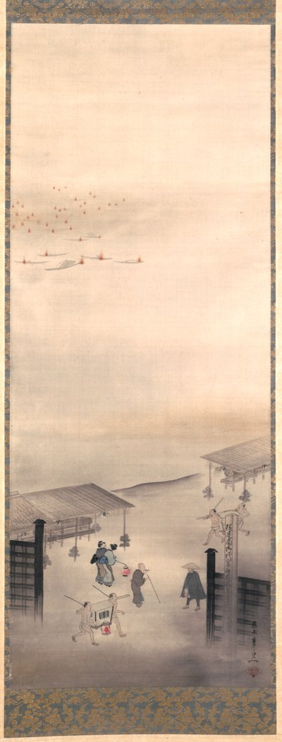 Yoshiwara og Shinagawa, Edo-perioden (blekk, farge og gull på silke) av Suzuki Kiitsu