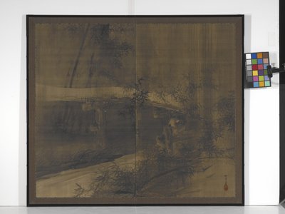 Tanuki Under A Bridge (blekk på silke med litt oransje, gull og sølv) av Suzuki Shōnen