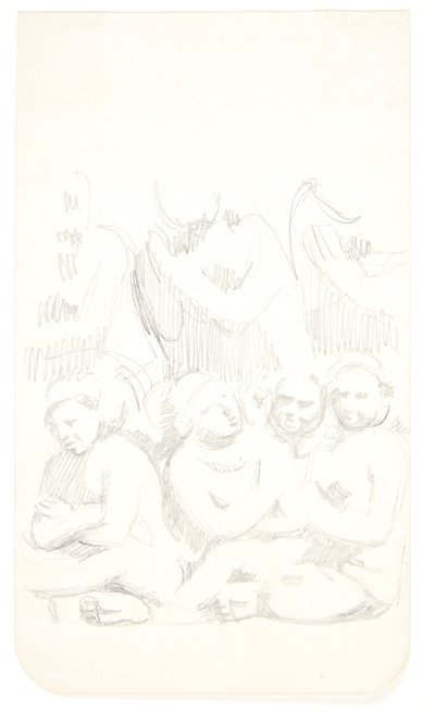 Gruppe av sittende figurer med kryssede armer i forgrunnen. Studieark etter relieffer i Borobudur, Java. av Svend Rathsack