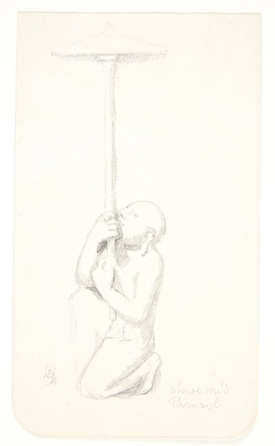 "Slave med parasoll". Studieark etter relieffer i Borobudur, Java. av Svend Rathsack