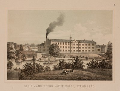 Bomullsfabrikk, Stromsbro, Sverige, ca. 1840 (farge litho) av Swedish School