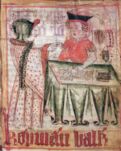 Interiør i en butikk, fra National Law Codes of Magnus Eriksson (1319-64) ca. 1450 av Swedish School