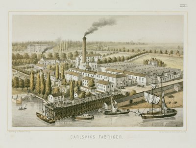 Tekstilfabrikk, Carlsviks, Stockholm, Sverige, ca. 1840 (farge litho) av Swedish School