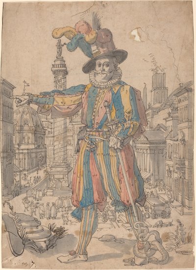 Giovanni Grosso fra de sveitsiske vaktene står foran en utsikt over Roma av Swiss 17th Century after Francesco Villamena