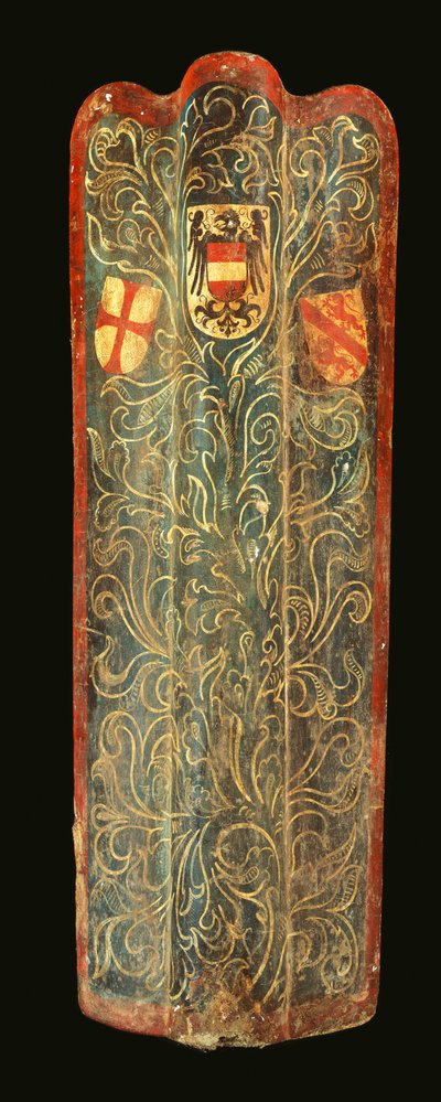 En sjelden sveitsisk pavise av tre dekket med gessomalt lerret av grønt rullende bladdesign og våpenskjoldene til Habsburg, League of St George og byen Winterthur, ca. 1445 av Swiss School