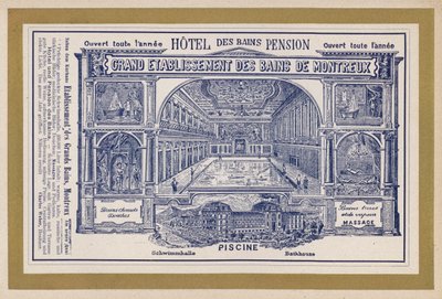 Annonse for Grand Etablissement Des Bains De Montreux (gravering) av Swiss School