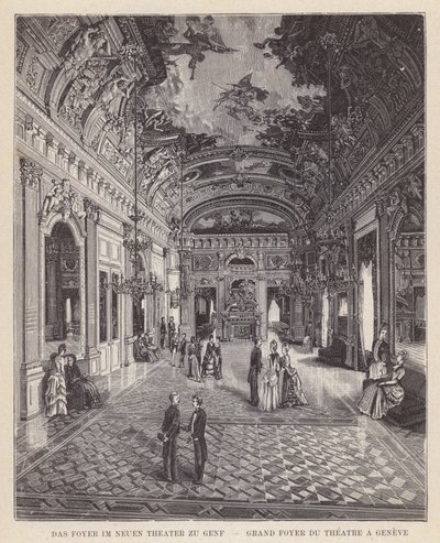 Foajeen i Det nye teatret i Genève, Grand Foyer du Theatre a Geneve (gravering) av Swiss School