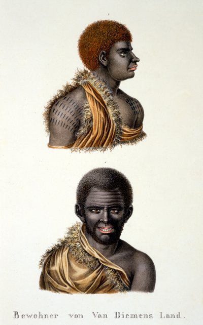 Innfødte i Van Diemans Land, dvs. Tasmania, fra Etnologisk studie av forskjellige rasetyper fra forskjellige kontinenter, av C.I. Brodtmann, 1824 av Swiss School
