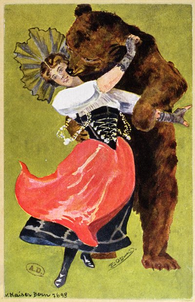 Postkort fra Bern som viser en kvinne og en bjørn, ca. 1900 av Swiss School