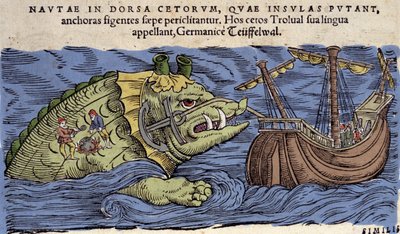 Sjømonster og skip, illustrasjon fra 