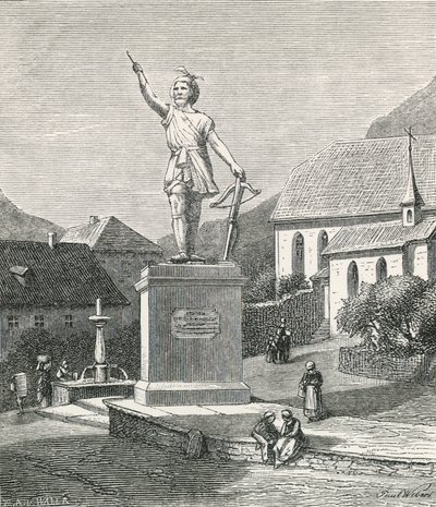 Statue av Tell på Altorf, nær stedet der han sies å ha skutt eplet fra sønnens hode av Swiss School