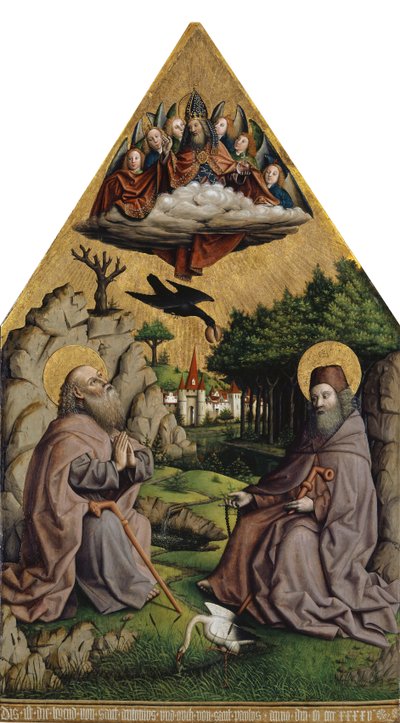 The Miraculous Feeding of Saint Anthony and Saint Paul the Eremitt (blandet media på tre) av Swiss School