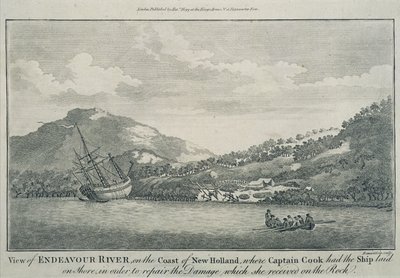 Kaptein Cook etter å ha blitt forlist på sin reise jorden rundt, har Endeavour reparert i en havn på en av Hope-øyene, ca. 1786 (gravering) av Sydney (after) Parkinson