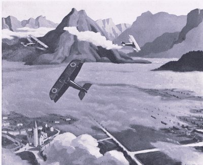 Britiske speidere som forlater flyplassen sin på patrulje over Asiago Plateau, Italia, fra British Adventure utgitt av Collins, 1947 av Sydney Carline