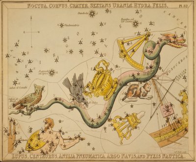 Noctua, Corvus, Crater, Sextans of Urania, Hydra, Felis, Lupus, Centaurus, Antlia Pneumatica, Argo Ship og Pyxis Nautica, illustrasjon fra 