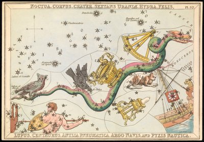Noctua, Corvus, Crater, Sextans Uraniae, Hydra, Felis, Lupus, Centaurus, Antilia Pnuematica, Argo Navis og Pysix Nautica, ca. 1825 (kort, papir, vev) av Sydney Hall