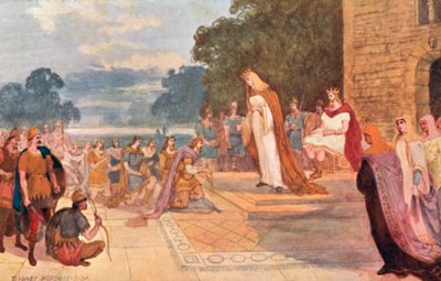 Kong Edgar med dronning Elfrida mottar hyllingen av åtte sideelvprinser i Chester, 973 e.Kr. av Sydney Herbert