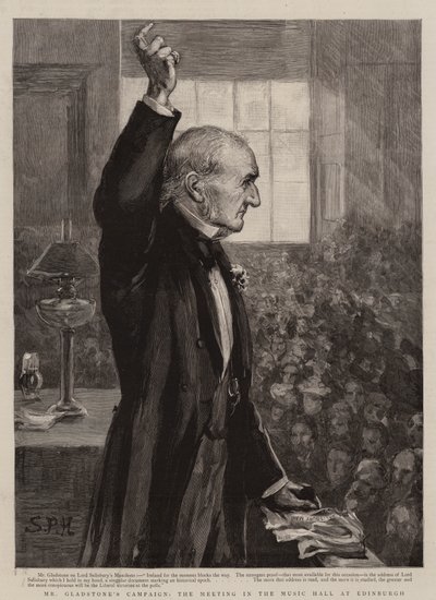 Mr Gladstones kampanje, møtet i Music Hall i Edinburgh (gravering) av Sydney Prior (after) Hall