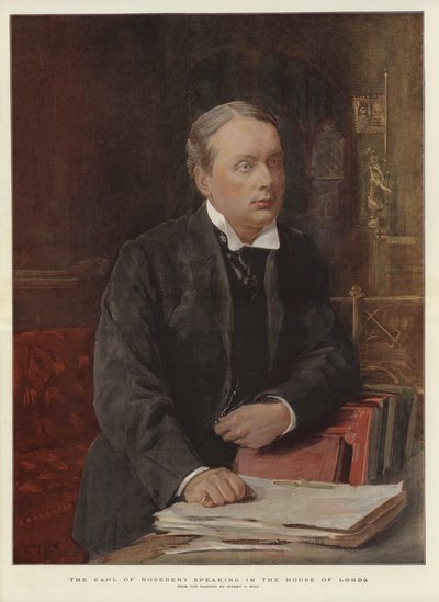 Jarlen av Rosebery taler i House of Lords (farge litho) av Sydney Prior (after) Hall