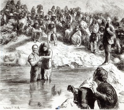 En dåp av nordamerikanske indianere - Mormoner poserer som Kristi apostler, 1892 av Sydney Prior Hall