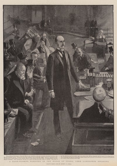 En hardtarbeidet minister i House of Lords, Lord Lansdowne taler av Sydney Prior Hall