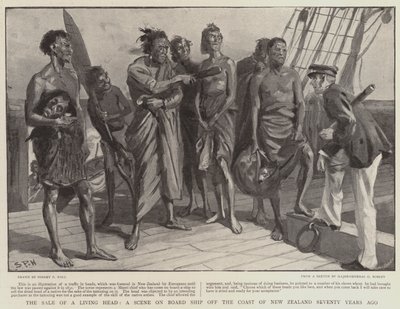 Et salg av et levende hode, en scene om bord på et skip utenfor kysten av New Zealand for 70 år siden av Sydney Prior Hall