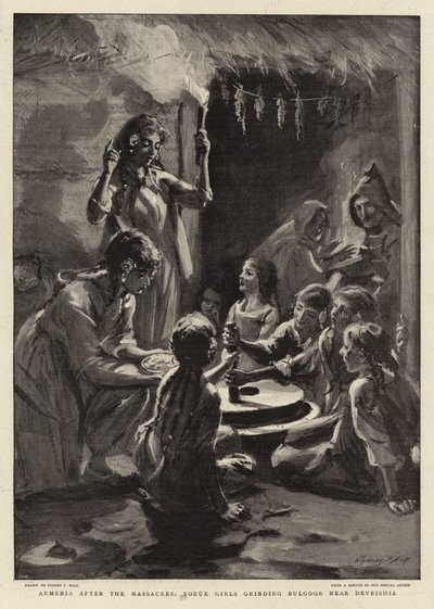 Armenia etter massakrene, Yoruk Girls sliping Bulgoor nær Devrishia av Sydney Prior Hall