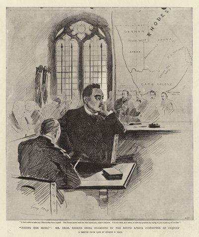 Facing the Music blir Mr. Cecil Rhodes undersøkt av South Africa Commitee of Inquiry av Sydney Prior Hall
