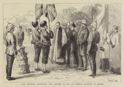 Lady Dufferin presenterer nye farger for det 18. bengalske infanteriet på Alipur av Sydney Prior Hall