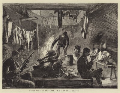 Elgjakt i Canada, en natt i en shanty av Sydney Prior Hall