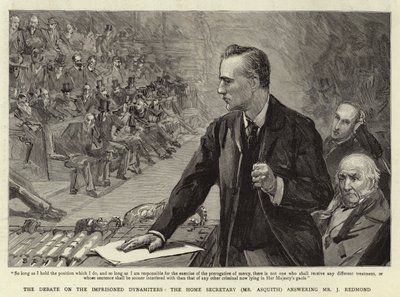 Debatten om de fengslede dynamerne, innenriksministeren (Mr Asquith) svarer Mr J Redmond av Sydney Prior Hall